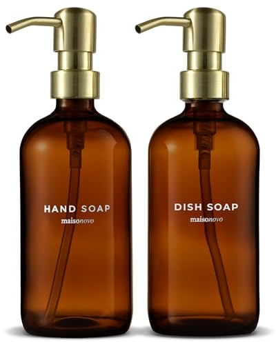 MaisoNovo Spülmittelspender Glas 2er-Set - 500 ml Bernstein Spüli Und Seifenspender Küche mit Gold Pumpen, Wasserfeste Etiketten