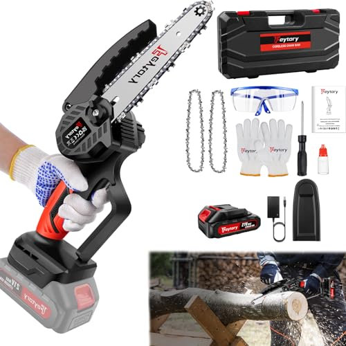 Mini motosega con batteria, 6 pollici, motosega elettrica a batteria, con 2 catene, 700 W, con una sola mano, con serratura di sicurezza per potatura da giardino, potatura potatura