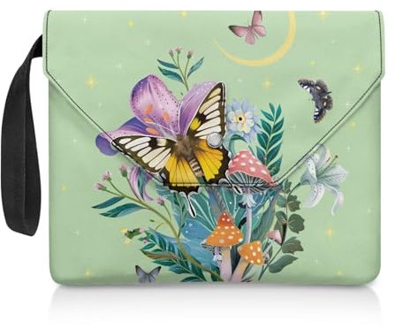 NETILGEN Buchhülle für Leseliebhaber, Geschenke, waschbar, Buchumschlag mit gepolstertem Tragegriff, Lesegerät, Geschenk, 30 x 24 cm, Schmetterlings-Blumenmuster, Mondgrün