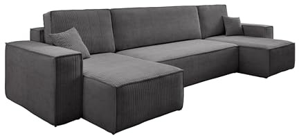 VENASI MÖBEL Wohnlandschaft mit Schlaffunktion Hugo U, Dunkelgrau Cordstoff | Sofa mit Bettkasten, Schlaffläche 125 × 268 cm, inkl. Kissen & Aufbauanleitung