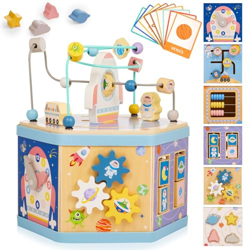 Gleamkid Large Wooden Space Activity Cube Toys, 9-in-1 Early Educational Montessori Learning Toys for 2 3 4 Toddlers with Abacus Bead Maze for 24+ Months Boys Girls First Birthday