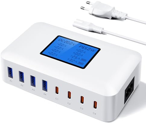 200W Caricatore USB C Multiplo, RENGOGA 8-Port Caricabatterie USB Multipla mit LED Display GaN Stazione di Ricarica Alimentatore per Macbook iPhone 15 14 13 iPad Pro Air Samsung Galaxy Google Pixel