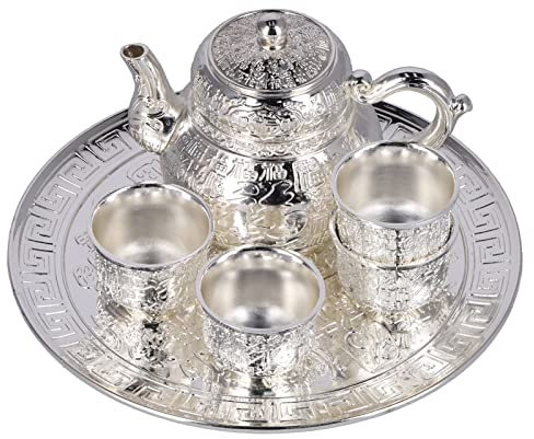 Juego de tetera, juego de cafetera vintage, juego de té de China, juegos de té de tetera de metal con bandeja para olla y 4 tazas para cumpleaños, inauguración de una casa