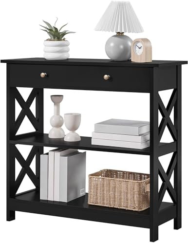 Yaheetech Console Table for Hallway, Slim Entryway Table with Drawer & Shelves, Wood Sofa Table for Small Space, Living Room, 80x30x80cm, Black