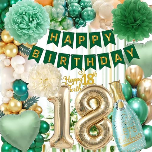 18. Geburtstag Deko Junge Mädchen, Geburtstagsdeko 18 mädchen,Grün Gold Luftballons 18 Geburtstag mit Happy Birthday Banner,Grün Folienballon 18 Zahl für 18 Geburtstagdeko