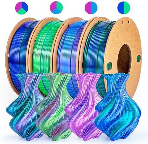dikale Silk PLA+ Pro Lot de 4 bobines de filament pour imprimante 3D 1,75 mm - Lot de 4 bobines de filament multicolore (250 g x 4) avec rose rouge, bleu ciel, vert, bleu foncé, tricolore, filament