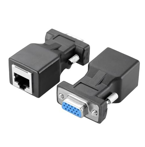 RIKYJIC Lot de 2 adaptateurs VGA vers RJ45 et convertisseur RJ45 vers DB15 – Port série 15 broches (RS232) compatible pour PC/équipement industriel (VGA femelle)