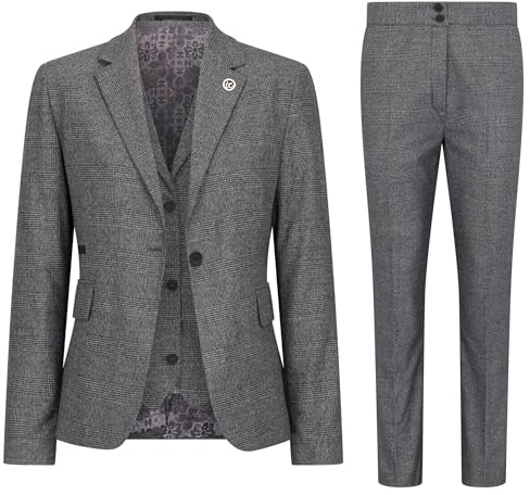 Women's Grey Three-Piece Tailored Fit Suit in Prince of Wales Check