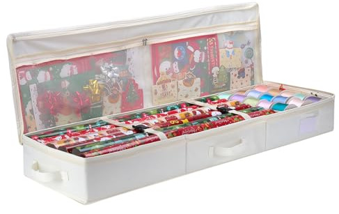 Bloomhüan Geschenkpapier Aufbewahrung - Geschenkpapier Organizer - Wasserdichtes 600D Oxford Gewebe -Aufbewahrungstasche für Geschenkpapier mit Fächern für Rollen & Bänder - 102x30x12cm (Beige)