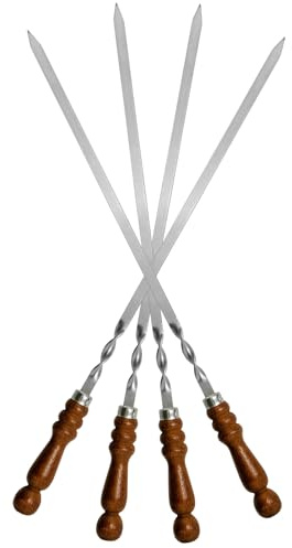 4 st. set BBQ Edelstahlspieß mit Holzgriff 60 cm lang 1,2cm breit 3mm Stark Grillspieße Schaschlikspieße Barbecuespieß Extra Stark Edelstahl Schampura für Fleisch, Gemüse, Pilze, Kebab Rouladenspieße