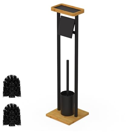 Relaxdays Set de baño Independiente con Estante 73,5x20x20 cm, 2 recambios, portarrollos y Cepillo WC, Negro/Natural