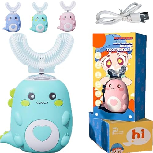 Cepillo de dientes eléctrico en forma de U para niños pequeños, cepillo de dientes eléctrico en forma de U, dinosaurio de dibujos animados, cepillo de dientes ultrasónico en forma de U, recargable e
