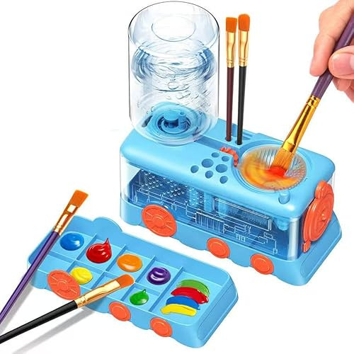 Auto Water Circulation Paint Brush Cleaner with Palette and Brush Holder | Press-Button Auto Water Circulation 400ML Brush Rinser for Chalk, Watercolor & Calligraphy Brushes (BLUE)