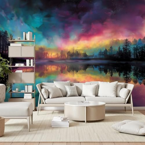 Gaqinhh Paysage Aquarelle Coloré Aurore Boréale Papier Peint Panoramique, Wald Fluss Dschungel Papier Peint Salon, Tapisserie Murale Intissé Wallpaper 3d Chambre Cuisine Salle de Bain, 350 x 256 cm