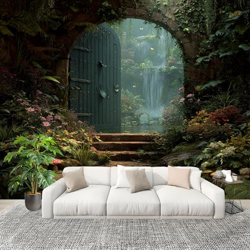 Genérico Papel Pintado Panorámico 200x140 cm JardíN De La Cascada Tranquila Personalizable Fotomurales No Tejido Póster Pared Decoración Verde 3D Duradero y Resistente a las manchas Fotomurales