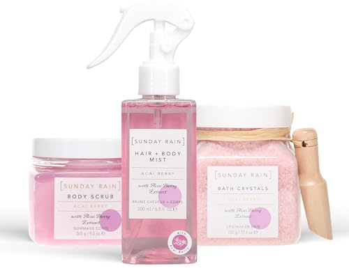 Sunday Rain Acai Berry Bundle, Luxury Nourishing Bath Crystals 1 x500g, Brightening Body Scrub for Extra Smooth Skin 1 x, 265g, and Refreshing and Fruity Hair & Body Mist 1 x 200ml, with Vitamin Rich