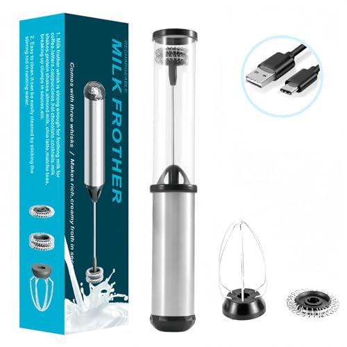 Rechargeable Milk Frother Handheld - Electric Whisk/Frother Wand for Coffee, Matcha, Latte, Cappuccino with 3 Whisk Heads & Adjustable Speed