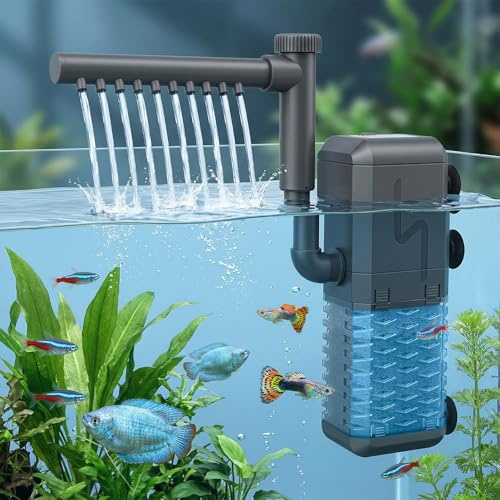 QWORK® Aquarium Innenfilter 600L/H 6W – 3-in-1 Filtersystem für Sauerstoff, Reinigung & Zirkulation für Süßwasser, Schildkrötenbecken & Aquarien bis 200L – Leise Wasserpumpe mit Schwammfilter