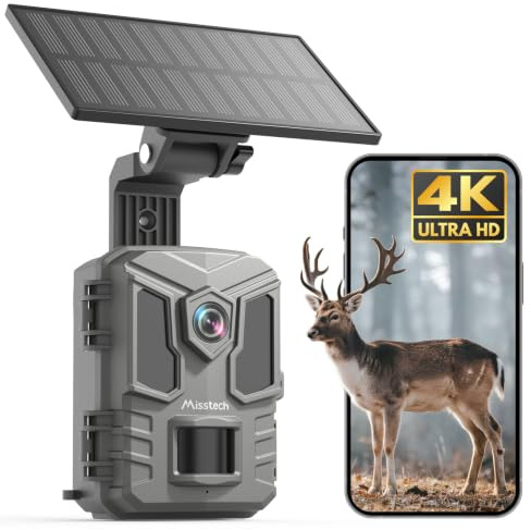 Misstech 4K 64MP UHD Solar Wildkamera mit Handyübertragung App, Ohne ABO | Klare Nachtsicht, Solar-autark, 0,1s Bewegungsmelder, Lokal Gespeichert, Datensicher, IP66 für Garten Wildtier & Naturschutz