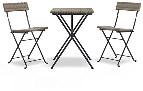 PUGYNBK 3-TLG. Poly Rattan Sitzgruppe klappbar, graues Bistro-Set Garten für Balkon Terrasse, pulverbeschichteter Stahlrahmen, bis 110 kg pro Sitzplatz