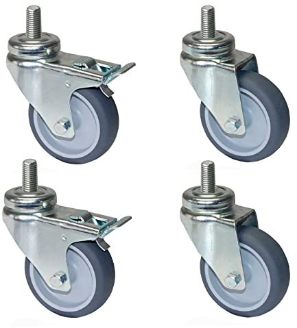 PRIOstahl Apparaterollen/Transportrollen - 100mm, Set mit 2 Lenkrollen und 2 Lenkrollen mit Bremse, Grau, TPE, Plattenmontage, Drehgelenk, Fußbetätigte Bremse