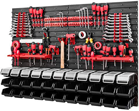 Mur à outils – 1152 x 780 mm – Système de rangement – Panneau perforé avec porte-outils et boîtes empilables avec couvercle – Étagère murale, étagère d'atelier, casiers de rangement (noir)