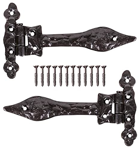 6 Inch Black Antique Tee Hinges for Doors Gates Sheds, 2 Pack | Pair of 6 inch black antique style tee hinges with matching screws for compatible wooden doors, gates, sheds and cupboards.