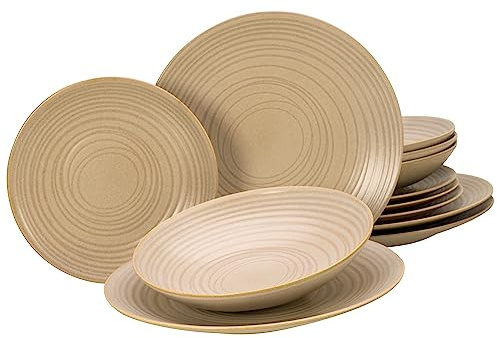 CreaTable, 23919, Serie Lava Stone Sand, 12-teiliges Geschirrset für 4 Personen, Teller Set aus Steinzeug, spülmaschinen- und mikrowellengeeignet, Made in Europe