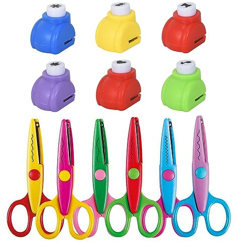 6pcs Tijeras de Manualidades Para Niños, 6pcs Perforadora Papel Formas, Tijeras Bordes de Seguridad con Perforadora, DIY Coloridas Tijeras en Zigzag con Patrón de Ondas para álbumes recortes, tarjetas