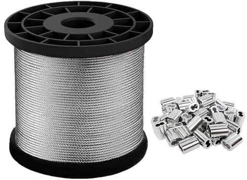 ESuaLs Cable De Acero Inoxidable De 100 Metros con Manguitos De Aluminio, Cable De Acero Resistente De 7 * 7 Hilos Adecuado para Interiores Y Exteriores,Diameter 1mm