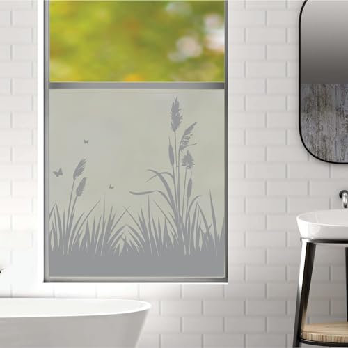 Wandtattoo Loft Sichtschutzfolie Wiederverwendbar Schilf grau maritim Fensterfolie Fensterdeko Milchglasfolie, 75 cm hoch, 90 cm breit
