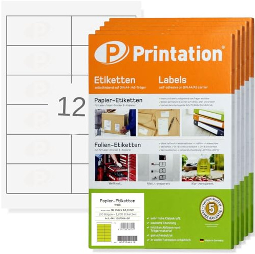 6000 Etiketten Papier (97x42,3mm) selbstklebend Printation bedruckbar | 500 Blatt A4 je 2x6=12 Klebeetiketten, Adressetiketten, Versandetiketten 97x42mm - zum bedrucken mit Laser- & Inkjet-Drucker