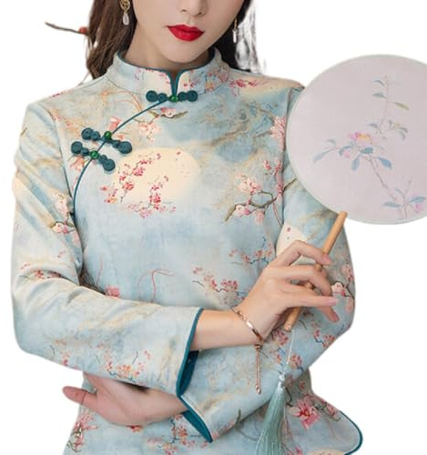 Blusa China De Manga Larga para Mujer Top Tradicional Mejorar El Cuello Mandarín Camisa Qipao Étnica De Temperamento Delgado,Verde,XXL
