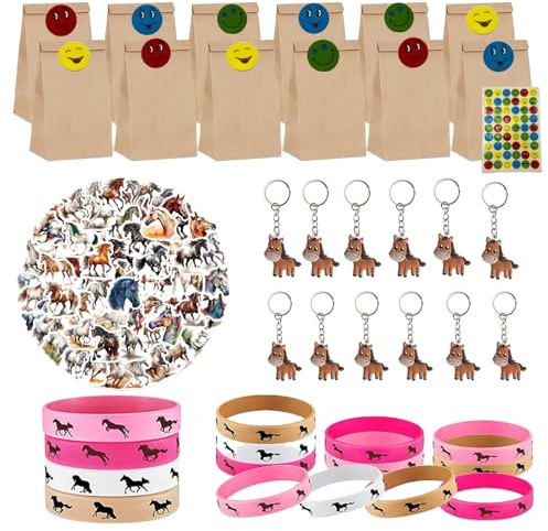 Yhjxly 96pcs Pferde Party Mitgebsel Kindergeburtstag,West Cowboy Gastgeschenke Tüten Silikon Armbänder Schlüsselanhänger Aufkleber, Pferde Geburtstag für Mädchen Jungen