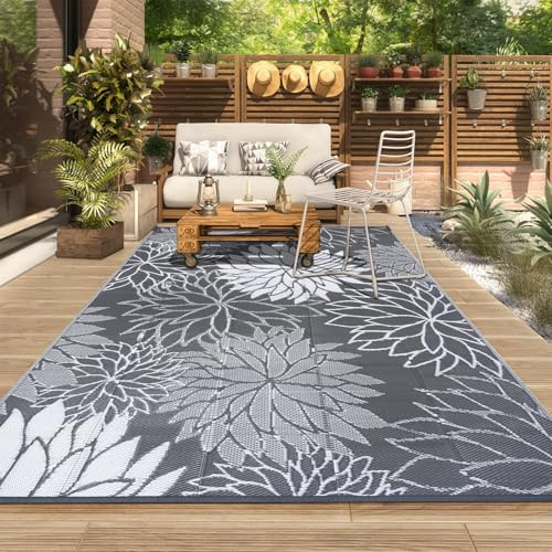 SHACOS Outdoor Rug for Patios Waterproof 180 x 270 cm Outdoor Carpet Mats Reversible Garden Rugs UV Resistant Large Plastic Straw Rug for Balcony Decking Camping, Grey