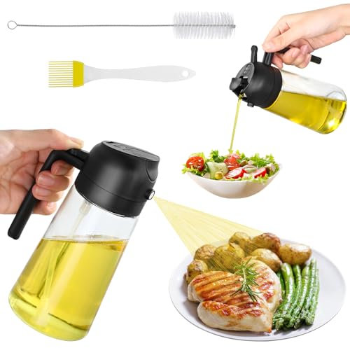 Halinuia Spruzzino Olio per Friggitrice Aria 2 in 1 Spruzzare e Versare Spruzzatore Olio 470ml Oliera Spray con Spazzola per Cucina, Grill, Friggitrice Aria, Insalata