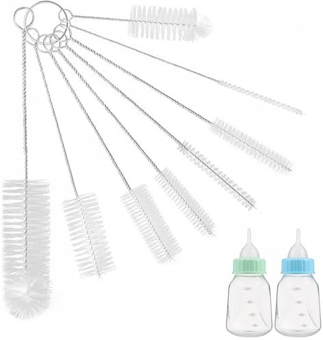 8-Piece Small Bottle Brush Set, White Nylon Cleaning Tool for Straws, Pipes, Kettle Spout, Teapot Nozzle and Tubes