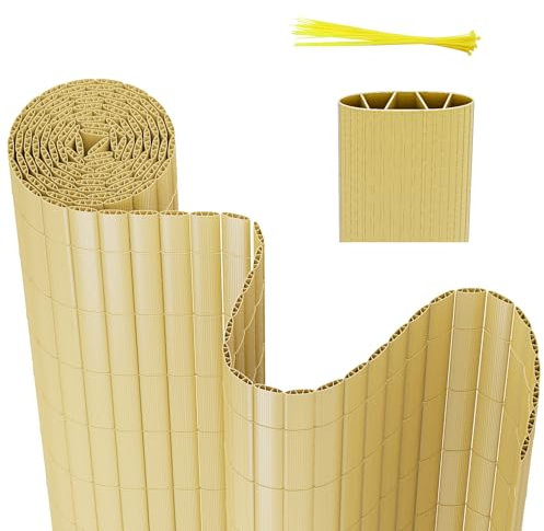 Yugodex PVC Sichtschutzmatte Sichtschutzzaun 100 x 500 cm Standard Sichtschutz W-Struktur Verstärkung Innen, Balkonverkleidung mit Kabelbindern Windschutz Wetterfest, Bambus