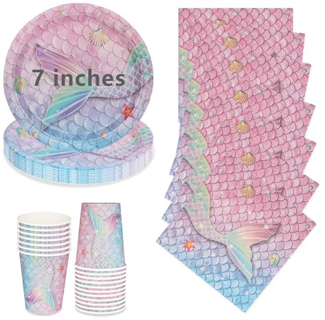 72Pcs Mermaid Party Plates Cups and Napkins, 7 Inch Disposable Strong Paper Plates and Cups, Party Tableware Set for Birthday Baby Showers Table Decorations