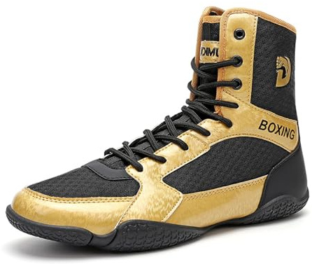 Boxningsskor herr brottning skor tonåring muay thailändsk kickboxing sparring boxers tränare kampsport skor ventilerad bodybuilding boxning stövlar 36–46, Svart guld 012, 43 EU