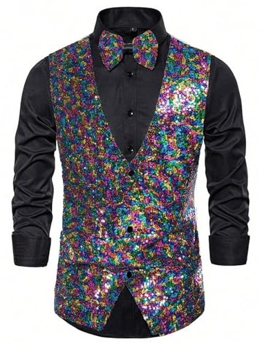 Gilet da uomo con paillette, giacca glitterata, senza maniche, blazer, set con papillon, con scollo a V, giacca da uomo lucida, gilet per carnevale, costume per matrimonio e feste