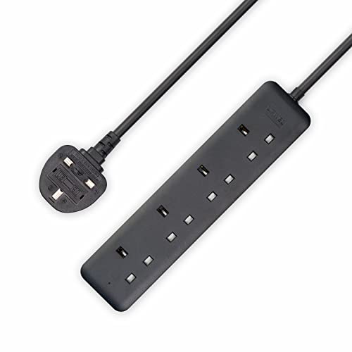 4 Way Extension Lead 1 Metre Compact Cable 13A 3250W Heavy Duty Power Strip with Fire-Retardant Sockets for Home, Office, Study & Travel