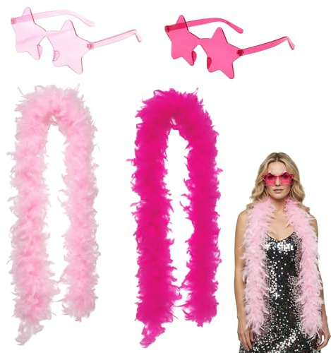 4PCS Feather Boa, Pink Boa, Feather Scarf Set With Pink And Rose Red Scarves And Star-Shaped Glasses, For Carnival, Music Festival, Role-Playing, Stage Performance And Bachelor Party Decoration