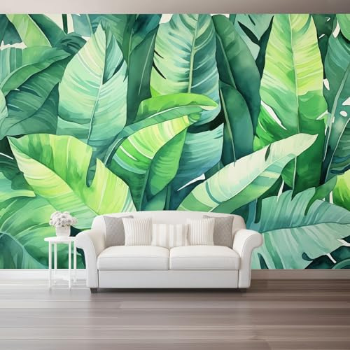 Carta da Parati Acquerello Piante Foglie Di Banano da Parati Autoadesiva, Verde Carta Adesiva Foto Murale Rotolo per Camera da Letto Soggiorno Corridoio 200 x 140 cm（WxH