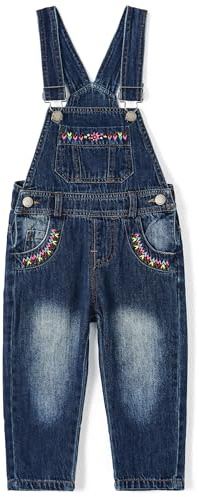 KIDSCOOL SPACE Salopette di jeans da ragazza, gamba larga, fisarmonica, tasche profonde sul tallone, salopette di jeans cargo, blu scuro