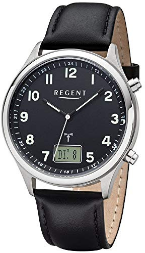 Regent Herren Funk-Armbanduhr aus Edelstahl und Leder in der Farbe Schwarz 39mm, Wasserdichtigkeit: 5Bar, 11030186