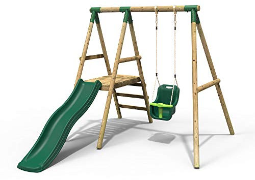 Rebo® Cassini Children's Wooden Swing Set with Platform and Slide - Cassini | OutdoorToys | Baby Seat, Sturdy Wooden Construction for Kids, Pressure Treated Timber