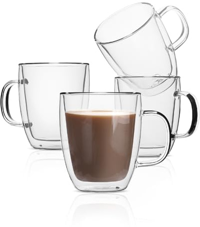 BTaT- Double Walled Glass Coffee Mugs, 16 oz, Set of 4, Glass Coffee Cups with Handle, Insulated Clear Coffee Mug for Hot and Cold Beverages, Cappuccino, Latte, Tea, Americano, Microwave Safe