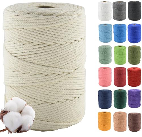 Klhamky 4mm×300m Macrame Cotton Cord, Soft 4 Strand Twisted 100% Natural Cotton for Handmade Wall Hanging, DIY, Craft Making, Knitting, Plant Hangers, Decorative Projects