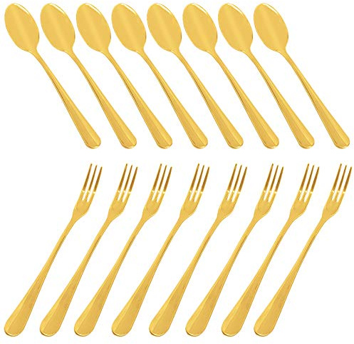 Demitasse Kaffeelöffel Gold 16er Set (4 Zoll) und Edelstahlgabeln (4,8 Zoll), Mini Kaffeelöffel und Kuchengabeln von SourceTon GOLD für Dessert, Tee, Vorspeise